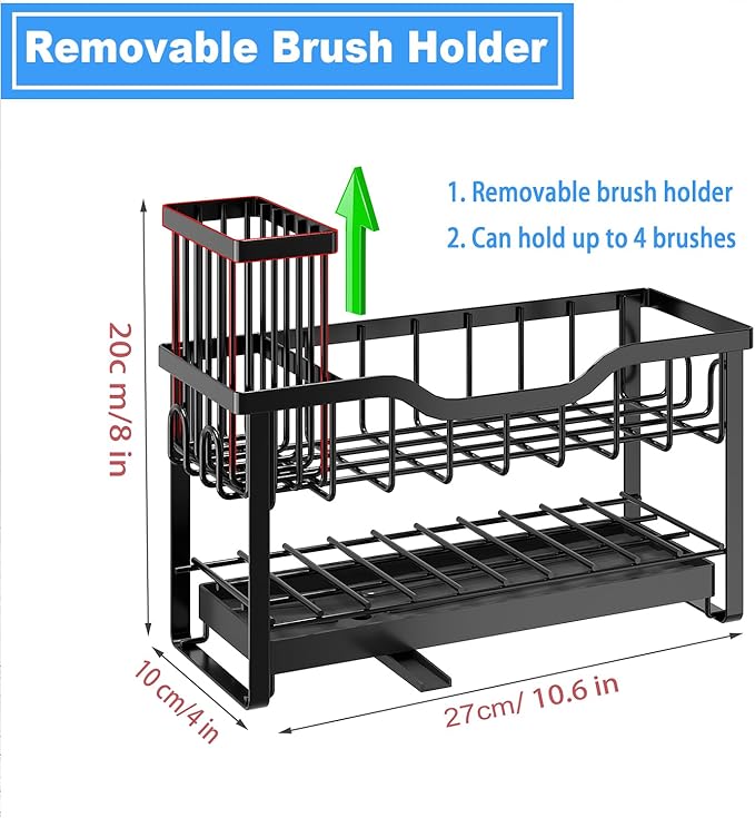 2-Tier Sponge Holder for Kitchen Sink, Caddy Organizer with High Brush Holder, Durable & Rustproof Kitchen Sink Accessories (Black)