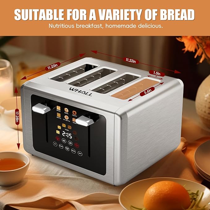 whall 4 Slice Touch Screen Toaster, Stainless Steel Toasters Digital Timer, Dual Control Panel Toasters，6 Shade Settings＆6 Bread Types, Smart Wide Slots, Bagel, Cancel, Defrost,White