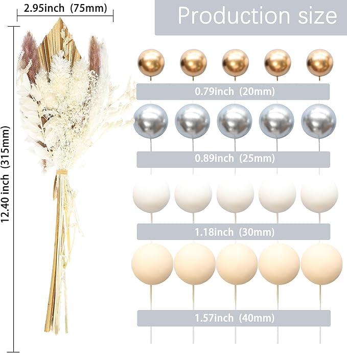 Gyufise 21 Pack Flower Boho Cake Topper Ball Cake Decorations Palm Leaves Plants Cake Decor for Girl Bohemian Princess Theme Wedding Baby Shower Birthday Party Supplies White