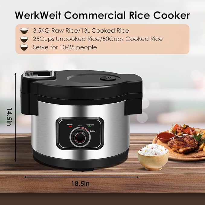 Commercial Rice Cooker Large Rice Cooker 50Cup(Cooked)/25Cup (Uncooked), 1850W 13L Rice Cooker for Restaurant Canteen Party Commercial Rice Warmer for 24H