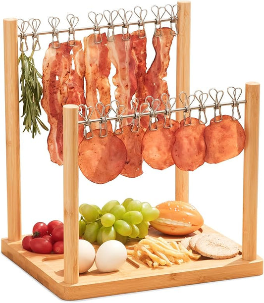 Bacon Display Rack with Clothesline Serving Tray, Patented Design Bacon Serving Dishes and Extra Double Hangers, Exquisite Holder for Housewarming, Home Party, or Wedding Gifts (Natural Bamboo)