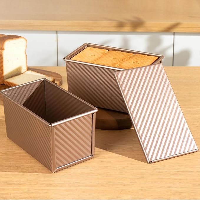 2 Pack Pullman Loaf Pan with Lid, 1 lb/0.5 lb Dough Capacity, Carbon Steel Corrugated, Non-Stick Sandwich Bread Loaf Pan with Lid