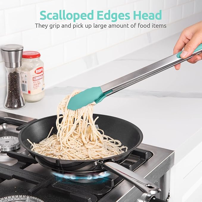 Heat Resistant Silicone Kitchen Tong: U-Taste 16 inch Extra Long Large 480ºF Hot Proof Cooking Tong with Sturdy Non Stick Rubber Tips & Non Slip Silicon Coated Steel Handle for Grilling BBQ (Aqua Sky)