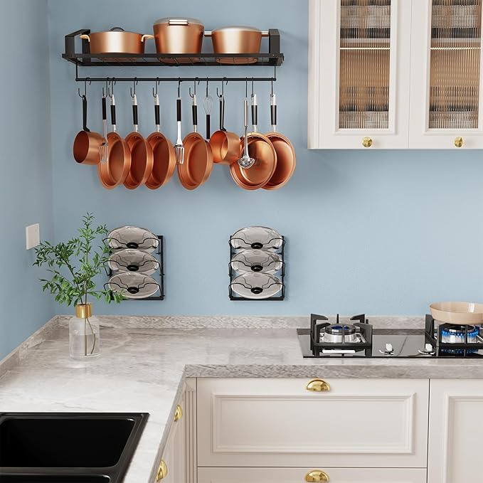 27-Inch Kitchen Pan Pot Rack Wall Mounted-Hanging Pots and Pans Organizer with 12 Hooks and 6 Pot Lid Holders,Heavy Duty Steel Pot and Pan Hanger for Cookware Utensils Storage,Screw-Upgraded Version