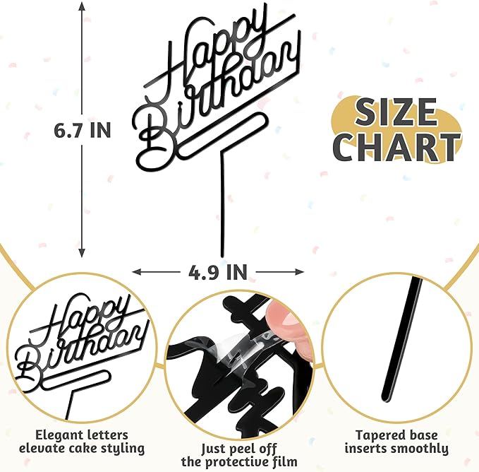 1 PCS Black Happy Birthday Cake Topper, 4.9 x 6.7 Inches Classic Birthday Cake Toppers, Acrylic Happy Birthday Cake Sign, Anniversary Cake Decorations for Party Supplies and Photo Booth Props