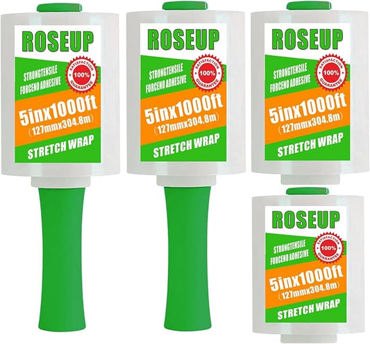 ROSEUP Clear Stretch Wrap Film 5" x 1000ft Roll with Handle, 80 Gauge Thick Cling Plastic Wrap for Moving, Pallet Wrap, Self Adhering Packaging Heavy Duty Shrink Film, 4 Pack