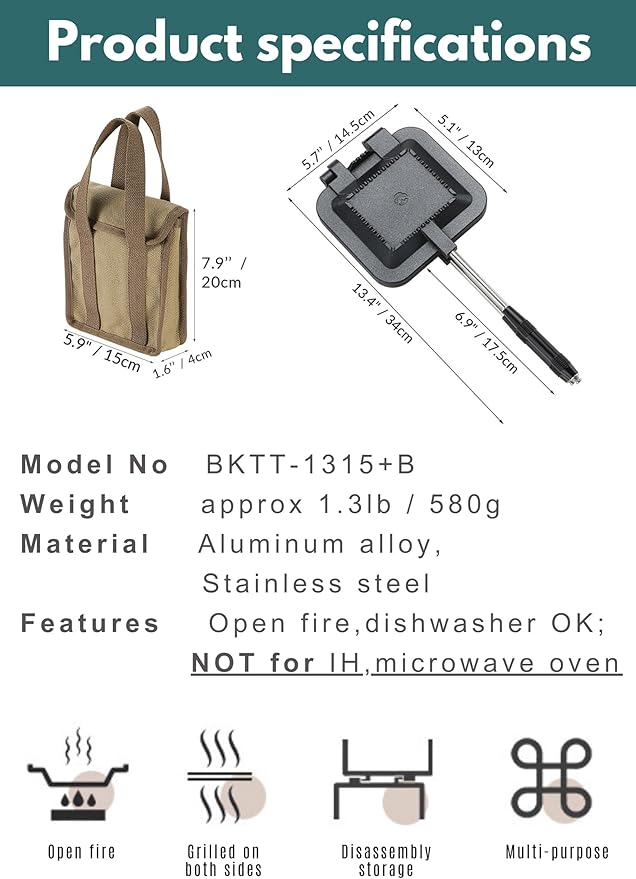 camping moon Sandwich Maker Hot Sand Single Burner Gas Fire Open Fire Compact Aluminum TT-1315 (Black w/bag)