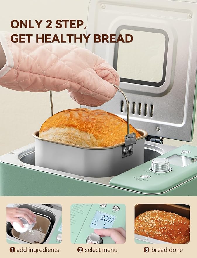 Neretva 20-IN-1 Bread Maker, Dual Heater 2LB Bread Machine Stainless Steel Bread Maker Machine Nonstick Ceramic Pan Compact for Gluten Free/Sourdough/Whole Wheat Bread/Yogurt, Breadmaker-Light Green