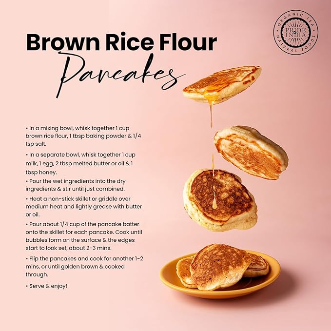 Pride of India- Brown Rice Flour 1 lbs (454 gm) Slightly Nutty Earthy Taste Milled in Small Batches | Ideal for Cakes Soups Noodles Dumplings Pastries Fritters | Vegan, Gluten-Free