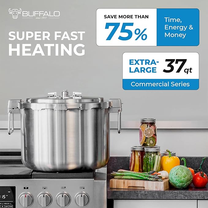 Buffalo 37 Quart Stainless Steel Pressure Cooker Extra Large Canning Pot with Rack and Lid for Commercial Use - Easy to Clean Stove Top Pressure Canner, Can Cooker - Safety Goods Certificate QCP435