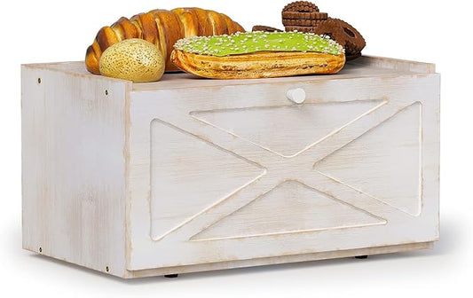 Bamboo Bread Box for Kitchen Counter Farmhouse Bread Storage Container Large Capacity Bread Storage Bin Bread Holder (Antique White)