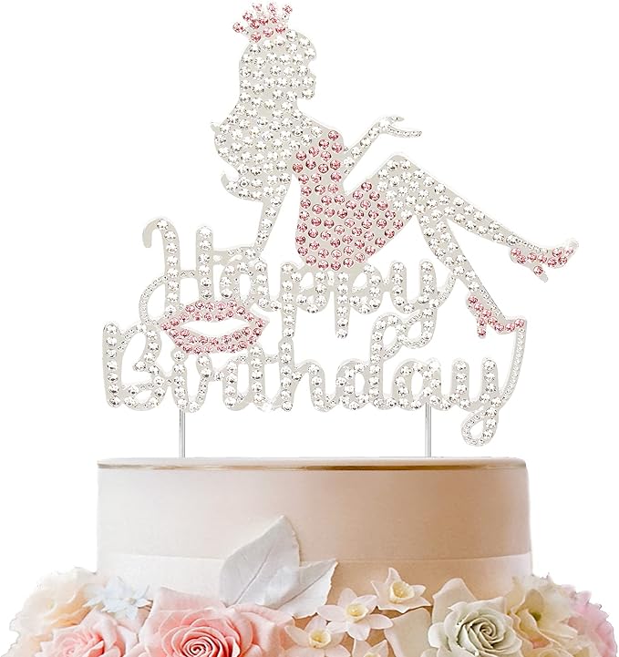 LINGTEER Happy Birthday Crown Queen Lady Rhinestone Cake Topper - Cheers to Makeup Spa Birthday Party Cake Centerpieces Decorations Gift Sign - Pink.