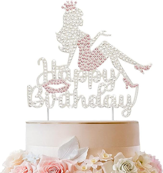 LINGTEER Happy Birthday Crown Queen Lady Rhinestone Cake Topper - Cheers to Makeup Spa Birthday Party Cake Centerpieces Decorations Gift Sign - Pink.