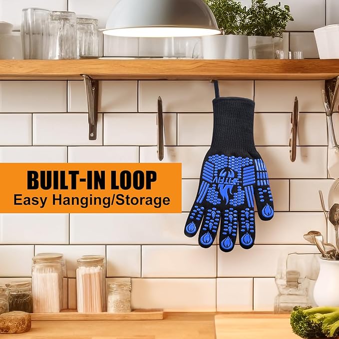 BBQ Gloves, Oven Gloves, Extreme Heat Resistant Barbecue Gloves, Silicone Non-Slip Oven Mitts, Kitchen Gloves for Cooking, Grilling, and Baking (Blue)