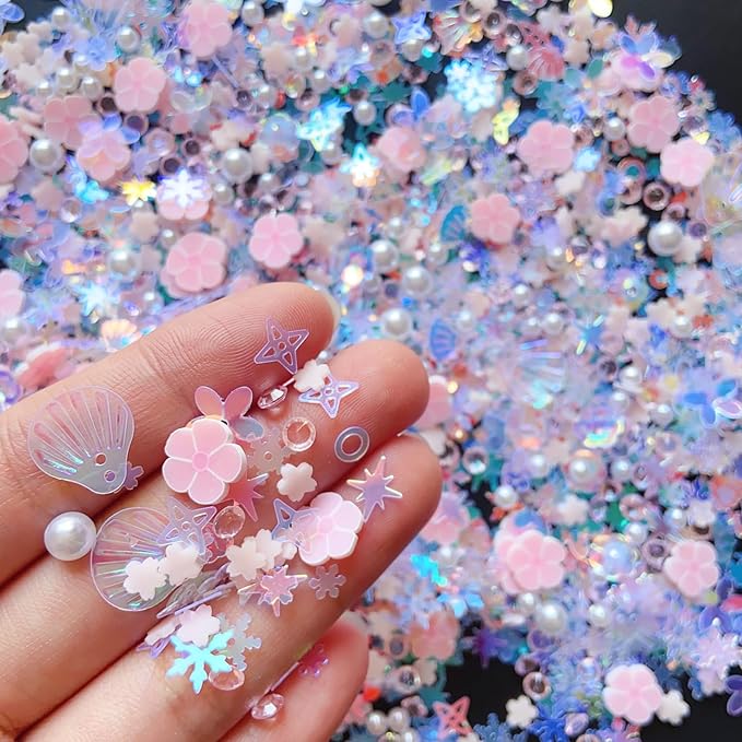 Sequins Holographic Polymer Clay Slices Nail Glitter 3D Holographic Snowflake Shell Butterfly Plum Blossom Nail Sequins Slices Polymer Clay Nail Decals for DIY Nail Decoration (Pink-54)