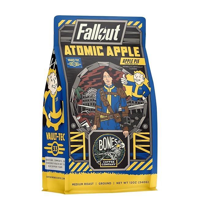 Bones Coffee Company Fallout Atomic Apple, Apple Pie Flavored Coffee, Medium Roast Low Acid Arabica Beans Compatible with Auto drip and French Press Coffee Maker, 12 Oz Ground