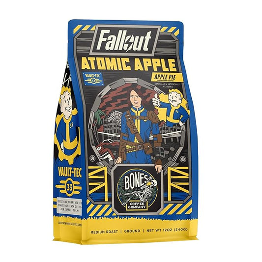 Bones Coffee Company Fallout Atomic Apple, Apple Pie Flavored Coffee, Medium Roast Low Acid Arabica Beans Compatible with Auto drip and French Press Coffee Maker, 12 Oz Ground