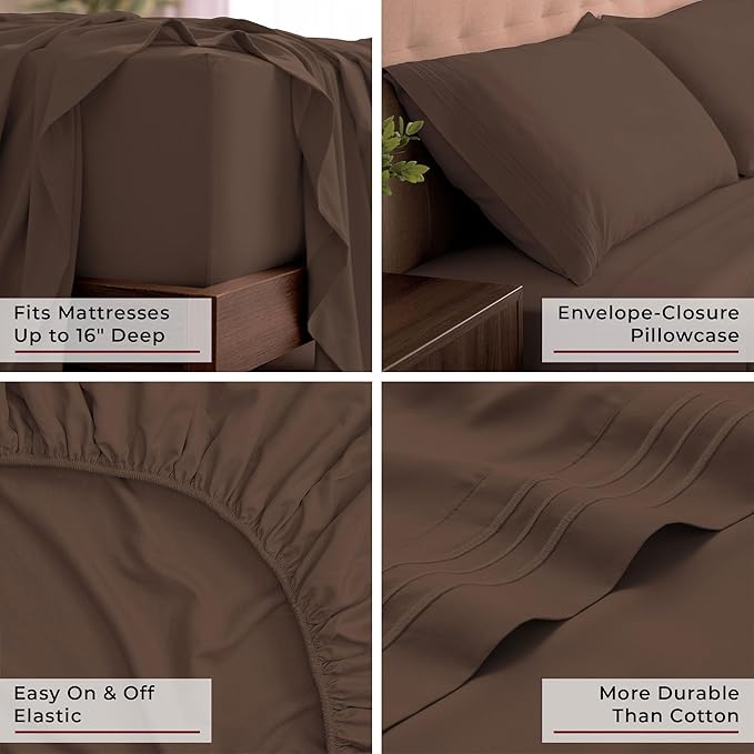 Mellanni California King Sheets Set - 4 PC Iconic Collection Bedding - Hotel Luxury, Extra Soft, Cooling Bed Sheets - Wrinkle, Fade, Stain Resistant (Cal King, Brown)