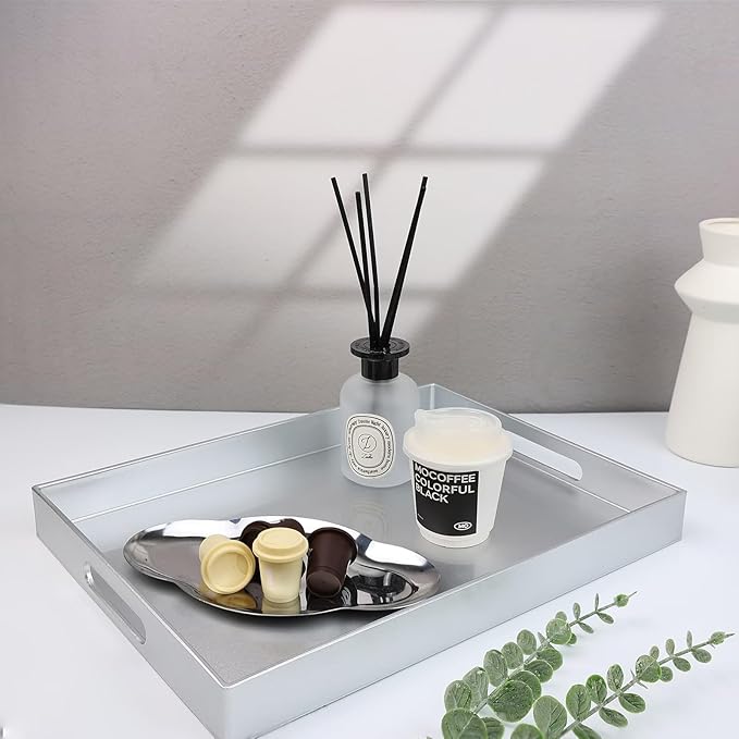 Spsyrine Silver Plastic Serving Tray for Ottoman, Coffee Table, Rectangle Decorative Tray for Entertaining, Outdoor, Living Room, Home Decor