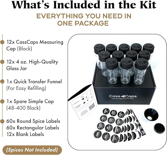 Glass Spice Jars & Measuring Cap Set - Twist to Dispense 1/4 Tsp Per Turn for Precise Cooking - Glass Jars with Lids Keep Kitchen Organized & Tidy - Enjoy Round Spice Jar Without Mess-12Pack