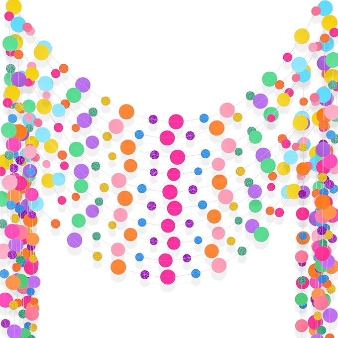 Outus 10 Pieces Colorful Dots Paper Garland Round Glitter Garland Hanging Confetti Streamers Backdrop Decoration for Birthday Classroom Candy Sprinkles Trunk or Treat Party (Rainbow)