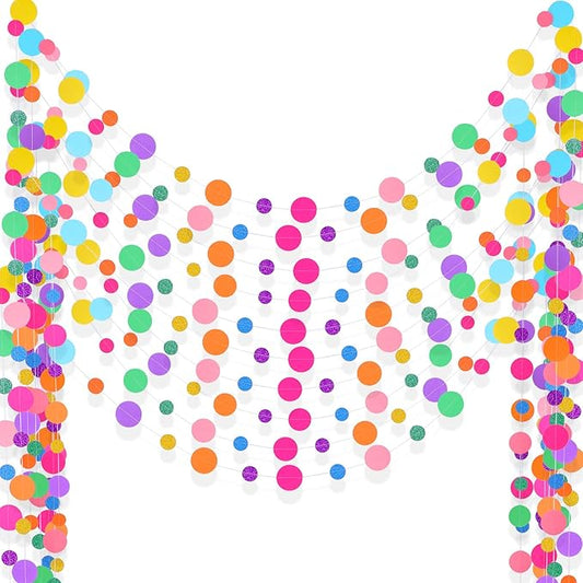 Outus 10 Pieces Colorful Dots Paper Garland Round Glitter Garland Hanging Confetti Streamers Backdrop Decoration for Birthday Classroom Candy Sprinkles Trunk or Treat Party (Rainbow)