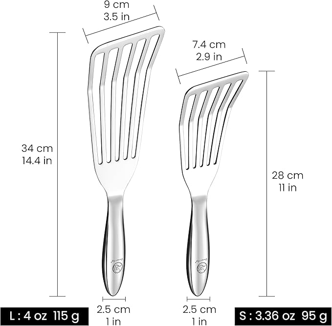 Stainless Steel Fish Spatula Set – 1 Large Fish Turner + 1 Small Metal Spatula, Ultra Thin Edge for Easy Turning & Flipping, Metal Kitchen Untensils with Ergonomic Non-Slip Handle, Dishwasher Safe