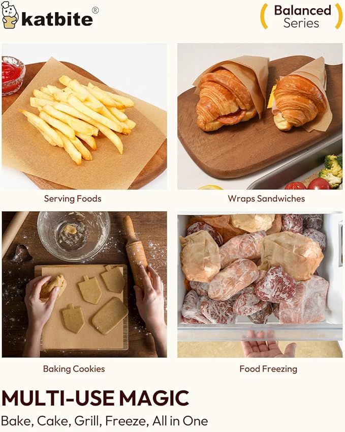 Katbite 200 Pcs Parchment Paper, 8 x 8 Inch Unbleached Baking Paper, Oil Resistant & Easy Clean, Non-Stick Precut Parchment Paper Sheets for Baking Square, Cooking, Air Fryer [Balance Series]