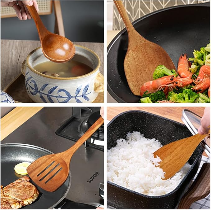 Wooden Spatula,Slotted Turner,Soup Ladle,Long Handle Utensils Set,Handmade for Kitchen Cookware (Wooden Utensil 4 Sets)