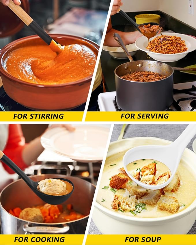 Pack of 2 Soup Ladle, Silicone Ladle Spoon with Wooden Handle, Large Non Stick High Heat Resistant Kitchen Utensils for Cooking, Stirring, Serving Soups(BLACK-WHITE)