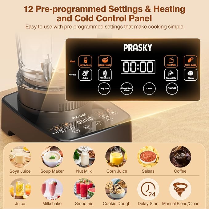 Blenders for Kitchen with Heating, PRASKY 1000W 55oz Glass Blender, 25000 RPM High Speed Professional Blender for Smoothies Shake Juice, Keep Warm & Auto Clean for Ice Crushing Soups Sauces (Black)