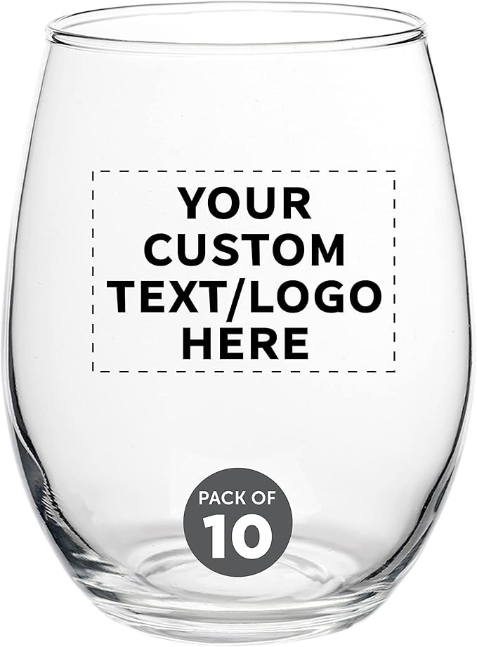 Custom Stemless Wine Glasses by ARC Perfection 15 oz. Set of 10, Personalized Bulk Pack - Restaurant Glassware, Perfect for Red Wine, White Wine, Cocktails - Clear