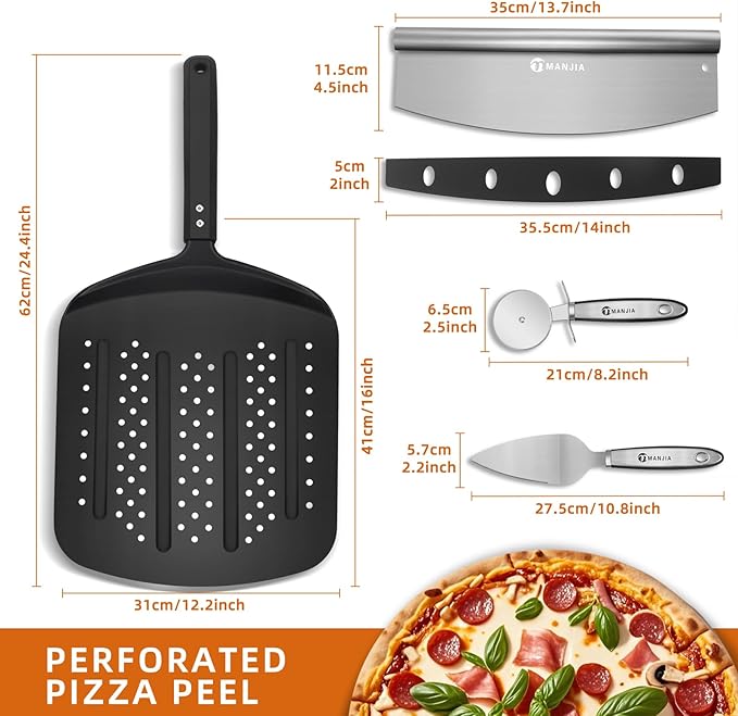 MANJIA Perforated Pizza Peel Aluminum 12 Inch Pizza Paddle Spatula Non-stick Metal Pizza Paddle with Rocker Cutter (12"x 14") Pizza Spatula Paddle Set for Family Homemade Baking Pizza Oven (black)