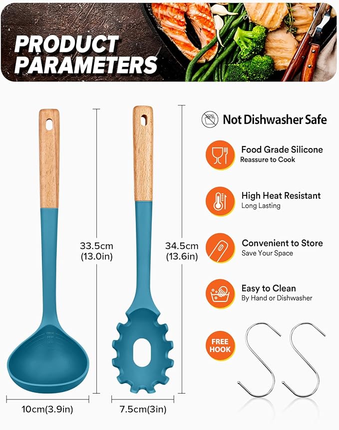 Pasta Fork and Ladle Set, Perfect for Serving Hot Soup, Stirring, and Sauce Pasta, BPA-Free Matte Silicone, Wood Handle Spaghetti Spoon for Nonstick Cooking Surfaces (Blue)