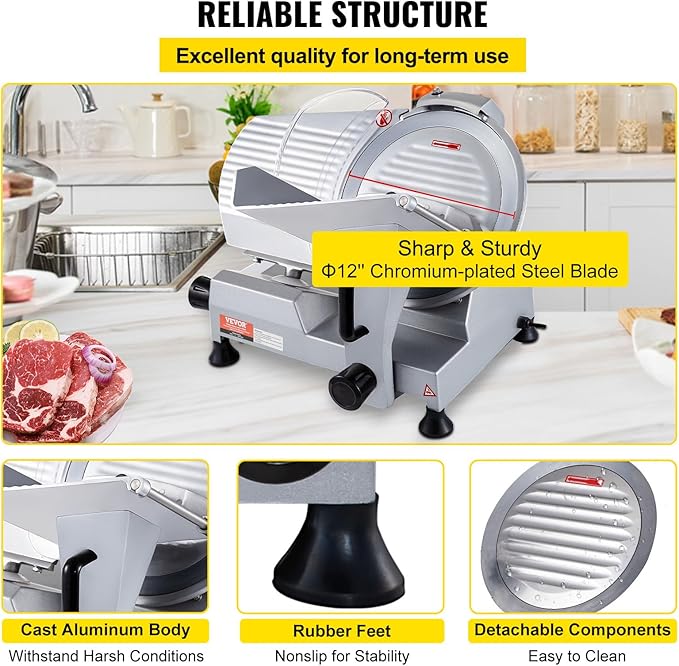 VEVOR Commercial Meat Slicer, 320W Electric Deli Food Slicer, 12 inch Carbon Steel Blade Electric Food Slicer, 350-400RPM Meat Slicer, 0-0.6 inch Adjustable Thickness for Cheese, Veggies, Ham