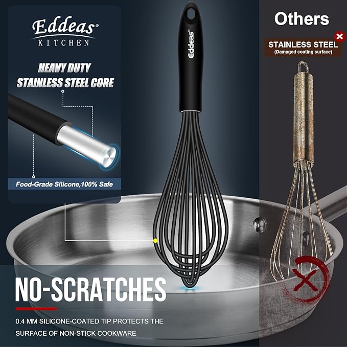 Whisks For Cooking - 500 °F Heat Resistant Silicone Whisk, Heavy Duty 7",9"&11inch Non-Scratch Balloon Kitchen Wisk tool Set, for cooking Wisking, Blending, Beating, Stirring, 3 Piece Black