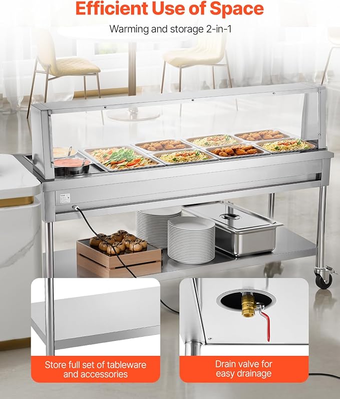 VEVOR Commercial Electric Food Warmer, 7 Pans + 2 Pots Steam Table, 1800W Professional Buffet Catering Food Warmer with Shield Undershelf Wheels, Stainless Steel Server for Party Restaurant