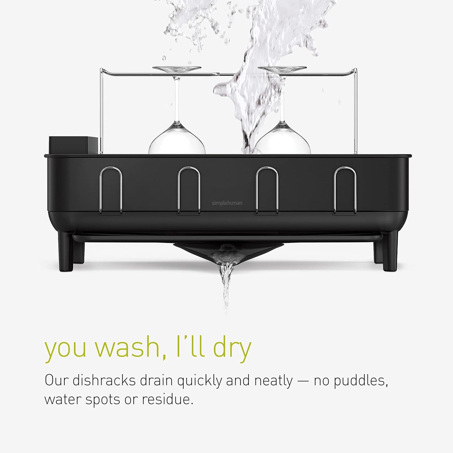 simplehuman Large Capacity Dish Drying Rack with Stainless Steel Frame, 360º Easy Drain Swivel Spout, Utensil & Wine Glass Holder, Anti-Residue Coating, Moisture Control Surface, Matte Black