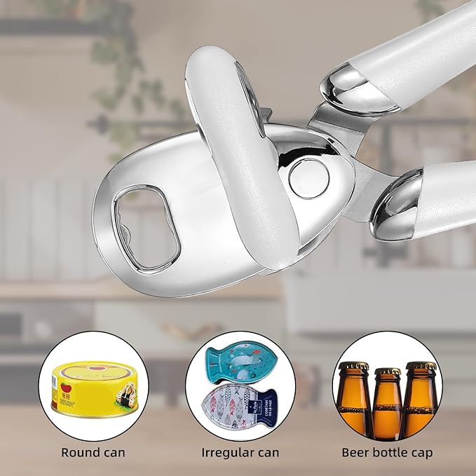 Multi-function Manual Can Opener Bottle Opener, Oversized Hand-held Easy Rotary Knob, Safe Cut Can Opener with Non-Slip Handle, Smoother Cut Sharp Blade for Seniors Kitchen Tool, White