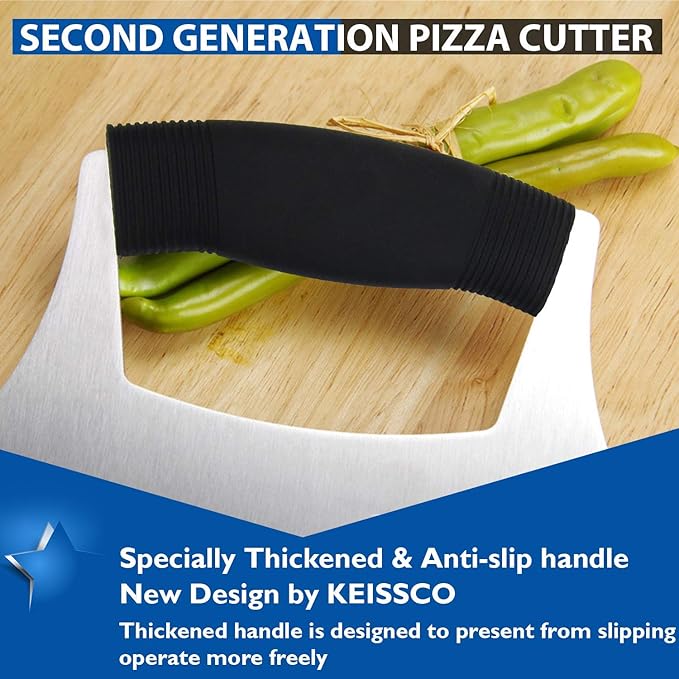 Pizza Cutter Stainless Steel Ulu knife Razor Sharp Rocker Slicer Cutter Mincing Mezzaluna Knife Salad Vegetable Chopper with Upgraded Ergonomic Anti-Slip Handle