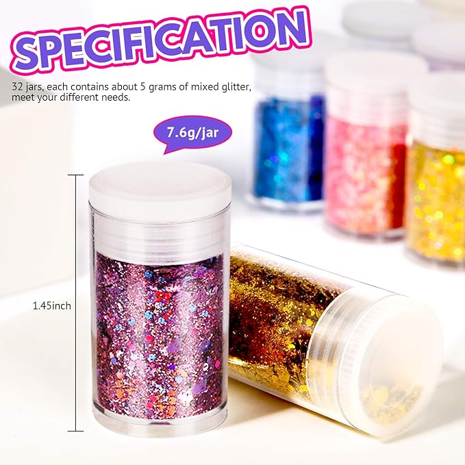 LEOBRO Holographic Chunky Glitter, Set of 32 Colors, Craft Glitter for Resin, Crafts Tumblers Nails Body, Christmas Halloween Sequins Flakes for Arts Crafts