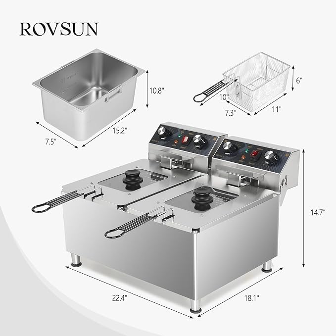 ROVSUN 36QT Electric Deep Fryer 240V, 6600W Dual Tank Commercial Deep Fryer w/ 60-Min Timer Overheat Protection Adjustable Feet, Temp Control & Baskets, Stainless Steel Countertop Fryer for Restaurant