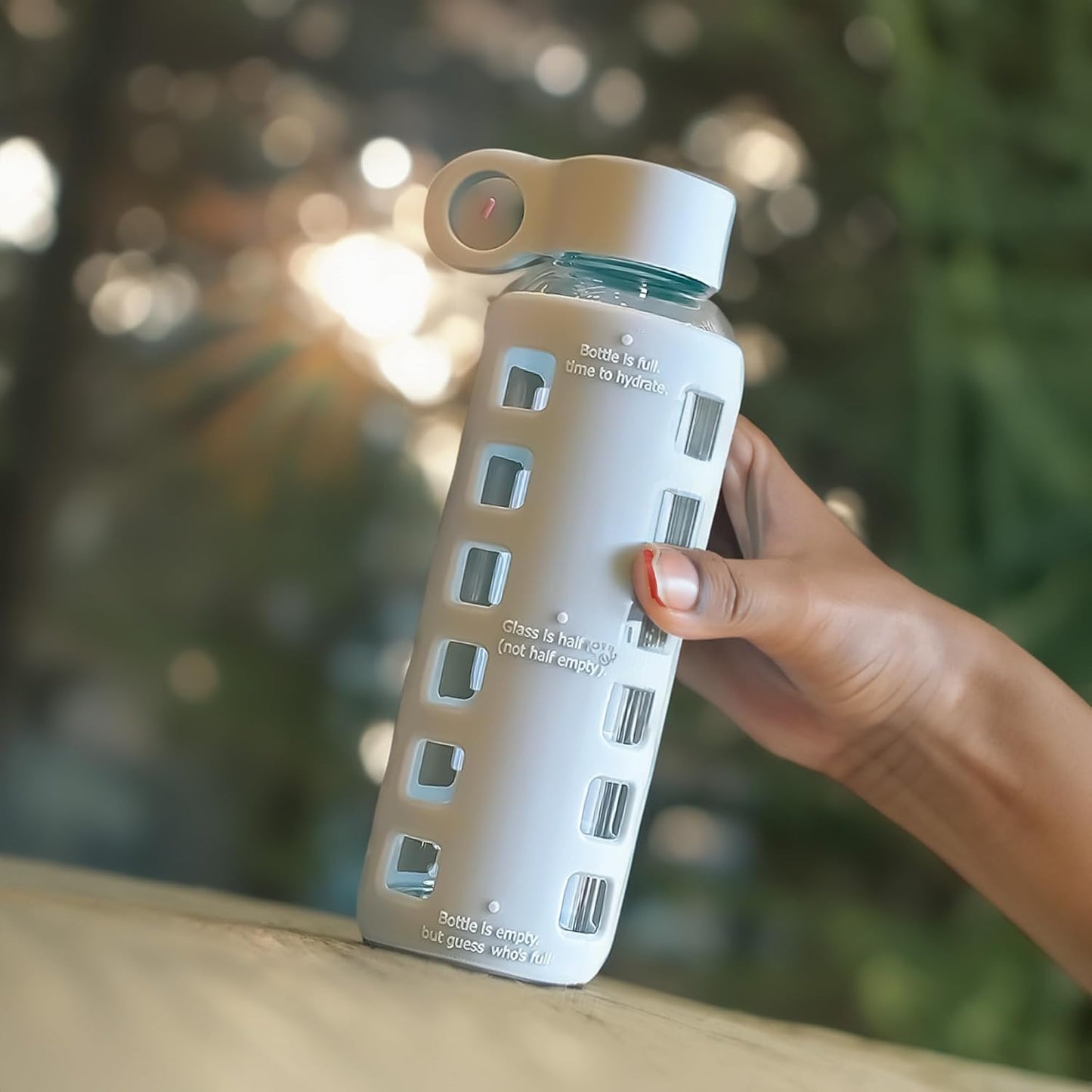 purifyou 40oz / 32oz / 22oz / 12oz Borosilicate Glass Water Bottle with Time & Volume Markers, Silicone Sleeve, Stainless Steel Lid – Reusable Glass Bottle for Water & Juice (12oz Ice Blue)