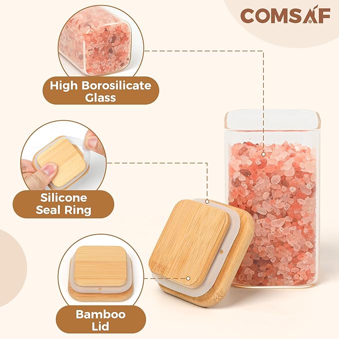 ComSaf 12Pcs Glass Spice Jars with Bamboo Lid, 8oz Airtight Square Containers with 275 Black Lables, Empty Seasoning Jars for Spice Salt Sugar