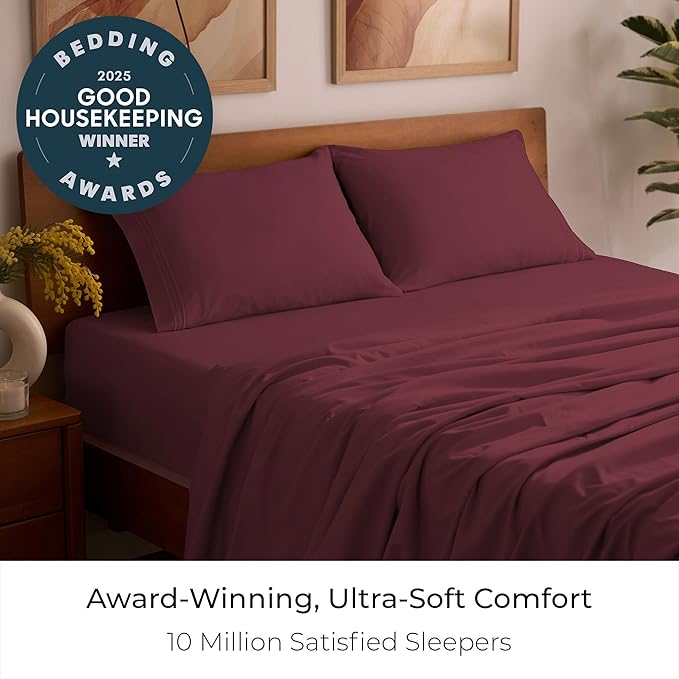 Mellanni Queen Sheets Set - 4 PC Iconic Collection Bedding - Hotel Luxury, Extra Soft, Cooling Bed Sheets - Wrinkle, Fade, Stain Resistant (Queen, Burgundy)