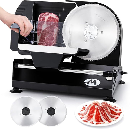 Moongiantgo Electric Meat Slicer 220W, 1-20mm Adjustable Thickness Deli Food Slicer with 2 Removable 7.3" Stainless Steel Blade, Removable Food Platform, Cheese Fruit Bread Slicer for Home,110V