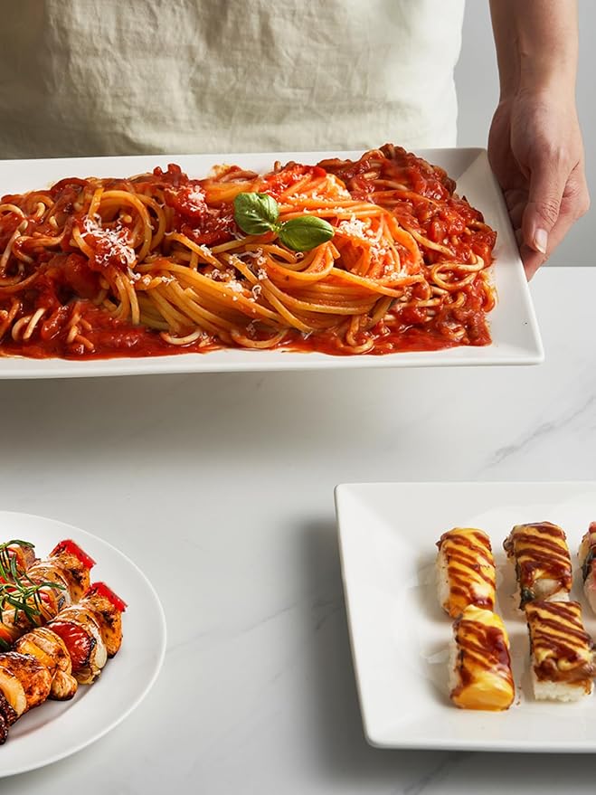 DOWAN 14" Serving Trays, Serving Platters, Ceramic Serving Platters and Trays, Rectangle Plates, Set of 4, for Weddings, Parties, Oven, Microwave, Dishwasher, Heat Resistant, Easy to Clean, Soft White