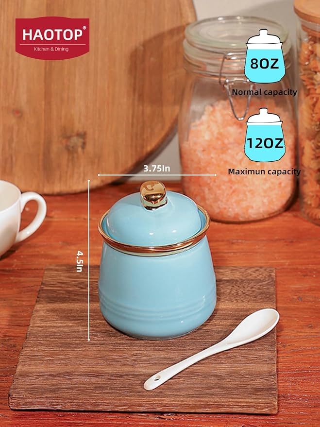 HAOTOP 12oz Sugar Bowl with Lid and Spoon,Simple Ceramic Sugar Jar Sugar Container Sugar Dispenser Coffee Bar Accessories, Modern Kitchen Countertop Canisters, Turquoise
