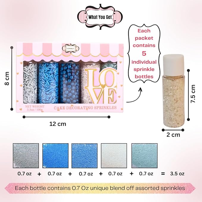 Confect Blue Sprinkles Mix – 5 Shades of Blue with Navy Dragees, Silver, Baby Blue Jimmies & White Sparkling Sugar | Edible Sprinkles for Cakes, Cupcakes & Baking | Vegan, Gluten-Free, Nut-Free, Soy-Free, Dairy-Free, Palm Oil-Free- 5 Oz