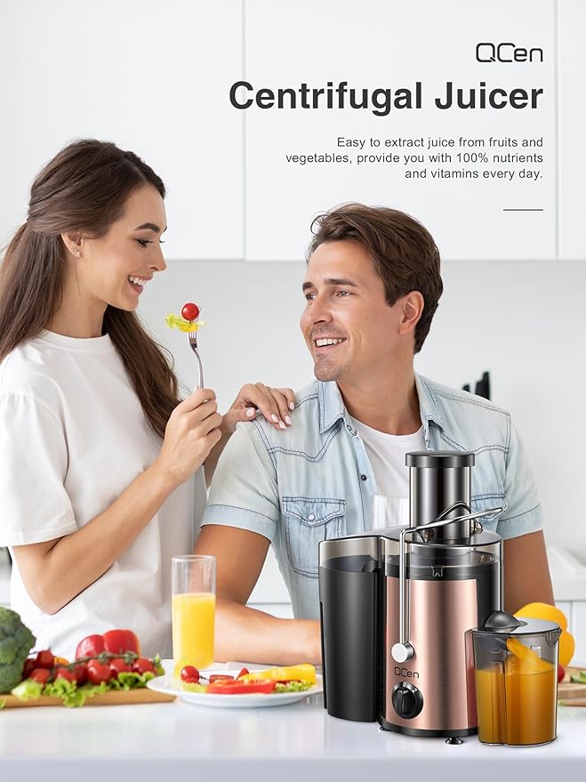 QCen Juicer Machine, 500W Centrifugal Juicer Extractor with Wide Mouth 3” Feed Chute for Fruit Vegetable, Easy to Clean, Stainless Steel, BPA-free (Rose Gold)